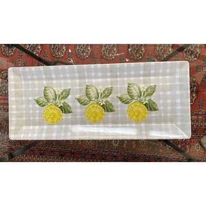 Citrus Grove Lemons on Gray Plaid Melamine Tray ~19”x8”‎